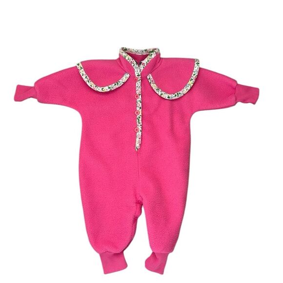 Vintage Babycrest Fleece Winter Pink Floral Baby Walksuit Jumpsuit 12M - Picture 13 of 13